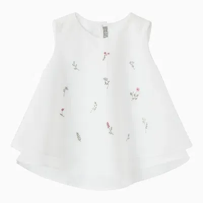 Il Gufo White Tank Top With Flower Embroidery In Cotton Voile