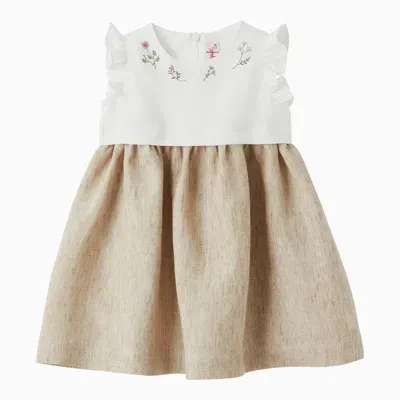 Il Gufo Kids' White/beige Linen Sleeveless Dress In Multicolor