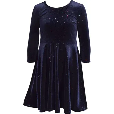 Iris & Ivy Kids' Glitter Long Sleeve Stretch Velvet Party Dress In Navy Sparkle