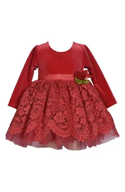 Iris & Ivy Babies'  Long Sleeve Velvet & Lace Party Dress In Red