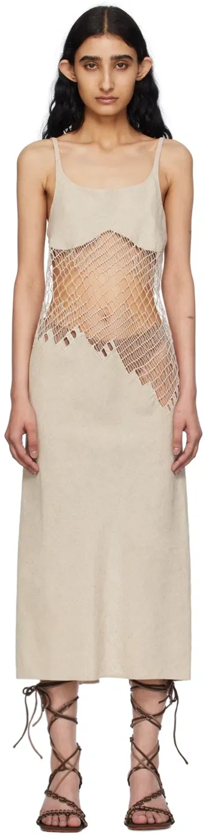 Isa Boulder Beige Asymmetric Midi Dress In Skylight