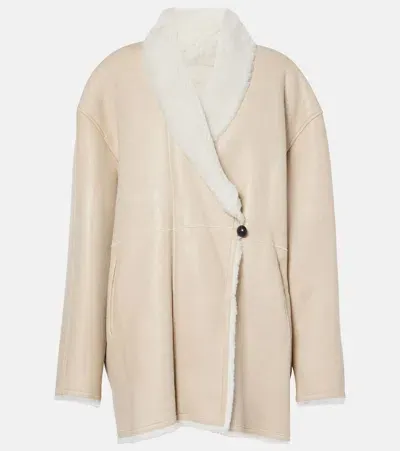 Isabel Marant Elanore Shearling-trimmed Leather Coat In Neutral