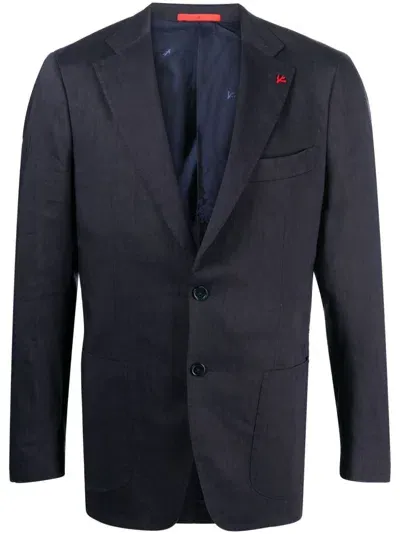 Isaia Enamel-detail Single-breasted Blazer In Blue