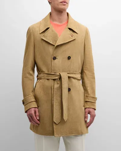 Isaia Men's Belted Suede Trench Coat In Dark Beige