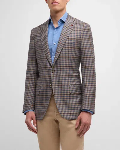 Isaia Men's Tan And Blue Gingham Check Sport Jacket In Light Brown