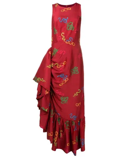 Isolda Ariel Motif-print Ruffled Silk Dress In Red