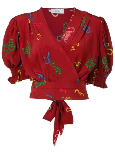 Isolda Lena Motif-print Wrap Blouse In Red