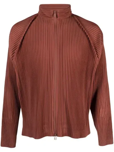 Issey Miyake Pleated Zip-up Jacket In Brown