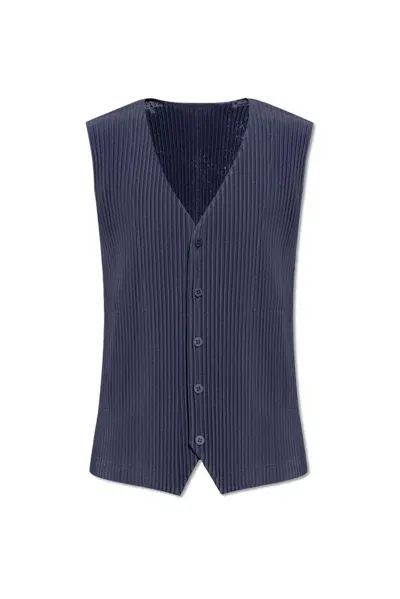 Issey Miyake Pleated V-neck Vest In Navy