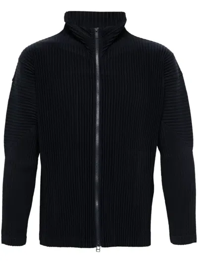 Issey Miyake Pleated Full Zip Cardigan In Blue