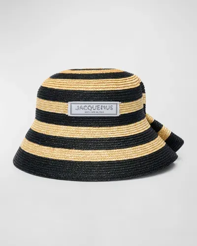 Jacquemus La Chapeau Vela Striped Raffia Bucket Hat In Ivory   Black