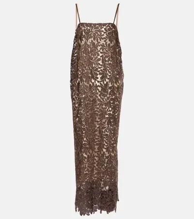 Jacques Wei Embellished Floral Lace Maxi Dress In Brown