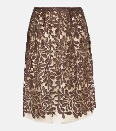 Jacques Wei Embellished Floral Lace Midi Skirt In Brown