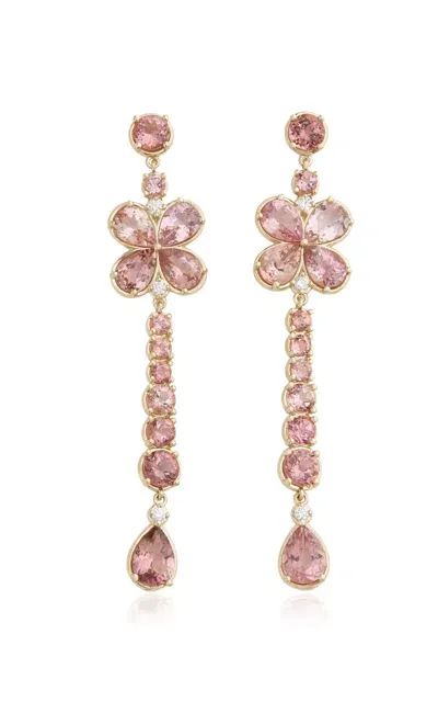 Jamie Wolf Long Floral 18k Yellow Gold Diamond And Tourmaline Earring In Pink