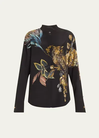 Jason Wu Collection Forest Floral Oversized Button Down Silk Blouse In Black Multi