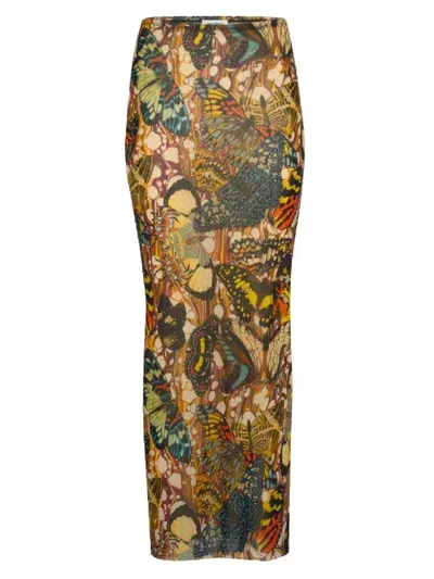 Jean Paul Gaultier Butterfly Print Mesh Long Skirt In Orange