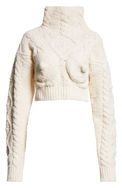 Jean Paul Gaultier Madone Cable Knit Crop Sweater In Cream