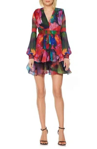 Jewel Badgley Mischka Abstract Floral Long Sleeve Tiered Ruffle Minidress In Red Multi