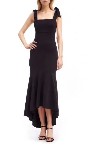 Jewel Badgley Mischka Bow Shoulder High-low Gown In Black