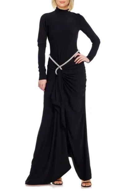 Jewel Badgley Mischka Mock Neck Long Sleeve Belted Dress In Black