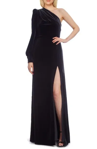 Jewel Badgley Mischka One-shoulder Puff Sleeve Velvet Gown In Black