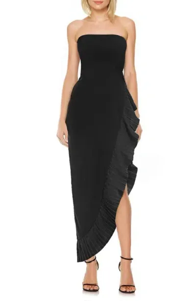 Jewel Badgley Mischka Pleat Detail Strapless High-low Sheath Gown In Black