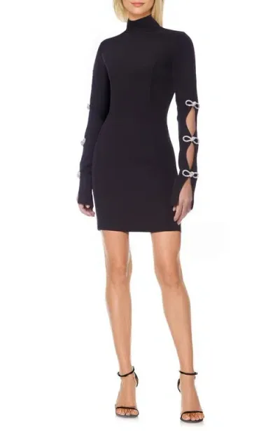 Jewel Badgley Mischka Rhinestone Bow Detail Long Sleeve Cocktail Minidress In Black