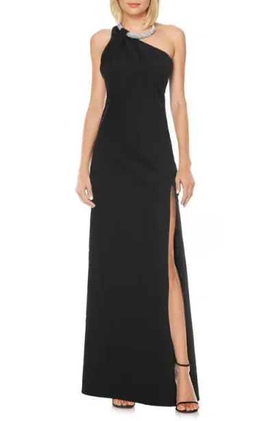 Jewel Badgley Mischka Rhinestone Choker Detail One-shoulder Gown In Black