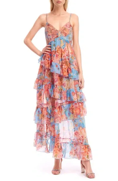 Jewel Badgley Mischka Tiered Ruffle Sequin Sleeveless Cocktail Dress In Orange Multi