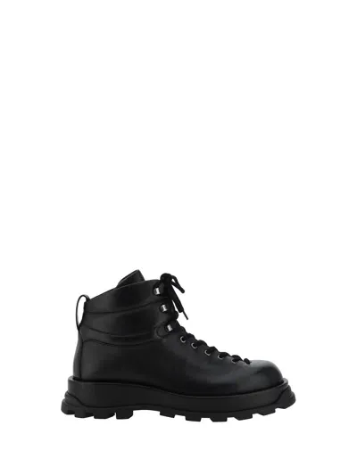 Jil Sander Lace-up Leather Ankle Boots In Black