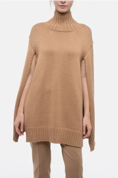 Jil Sander Cape Designed Turtleneck Wool Sweater In Brown