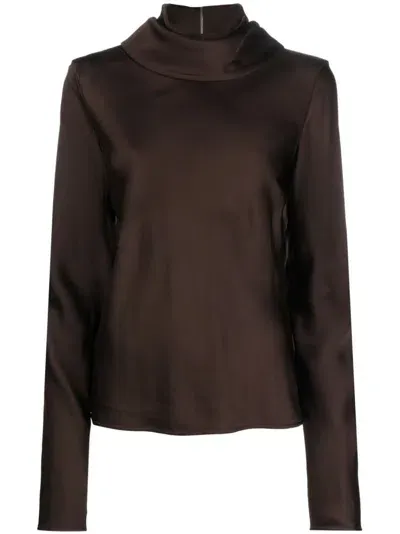 Jil Sander Draped-neck Long-sleeve Blouse In Brown