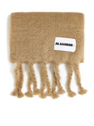 Jil Sander + Logo Patch Fringed Scarf In Brown