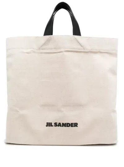 Jil Sander White Tote Bag With Logo Print In Canvas Man