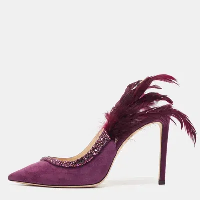 Pre-owned Jimmy Choo Purple Suede And Feather Tacey Slingback Pumps Size 40