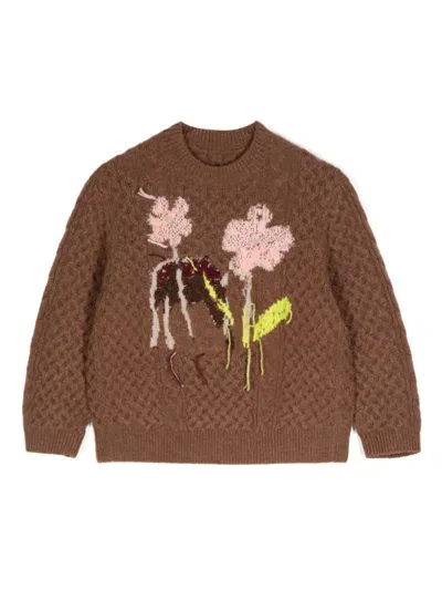 Jnby By Jnby Kids' Floral-pattern Wool Jumper In Brown