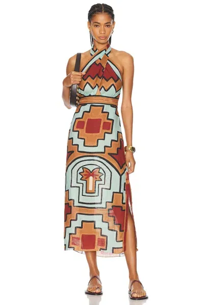 Johanna Ortiz Energetic Patterns Ankle Dress Shipibo Tropics Brown-mint-ter In Brown Mint Terracota