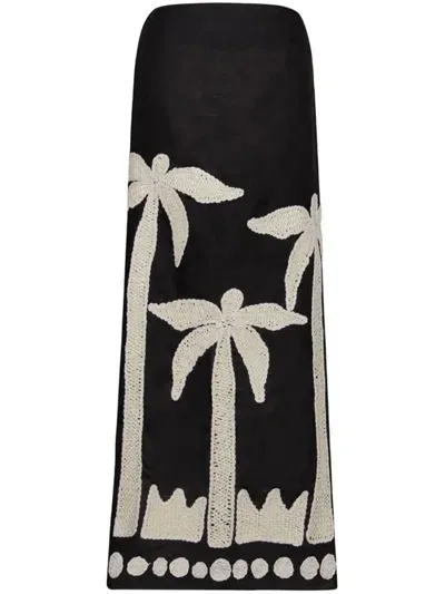 Johanna Ortiz Feliz Aguaro Embroidered Linen-blend Midi Skirt In Black