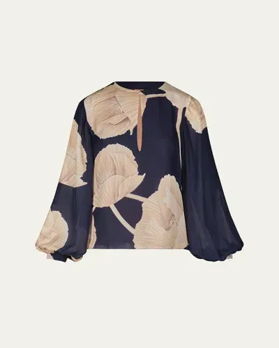 Johanna Ortiz Gotas Florales Floral Silk Top In Navy