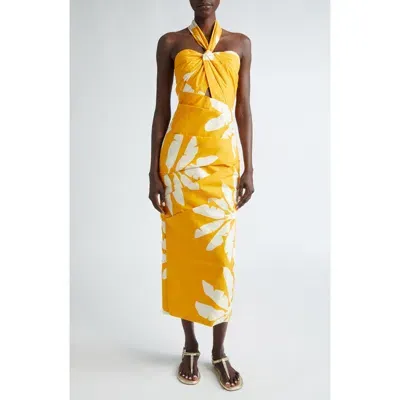 Johanna Ortiz Language Palm Print Halter Midi Dress In Wilderness Yellow Ecru