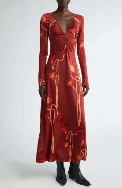 Johanna Ortiz Nectar De Amapolla Long Sleeve Stretch Satin Midi Dress In Papaver Somniferum - Red-yellow-brown