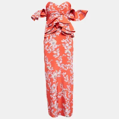 Pre-owned Johanna Ortiz Red Bougainvillea Print Silk Off-shoulder Maxi Dress M In Orange