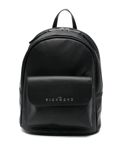 John Richmond Faux Leather Backpack With Logo In Black