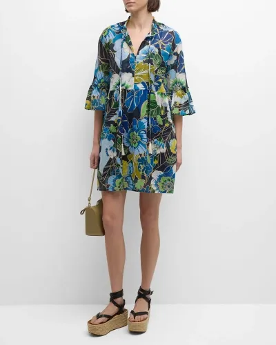 Johnny Was Jenn Floral-print Bell-sleeve Mini Dress In Neutral