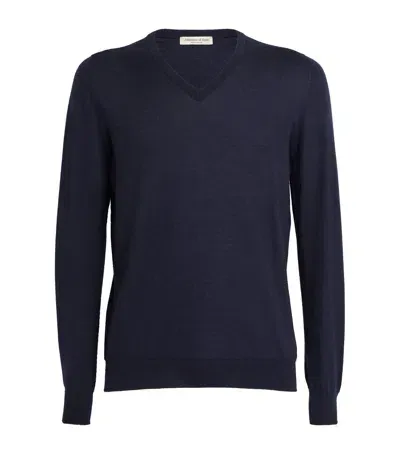 Johnstons Of Elgin Superfine Cashmere V-neck Sweater In Navy