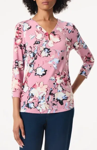 Jones New York Noodle V-neck Three-quarter Sleeve Stretch Top In Pink