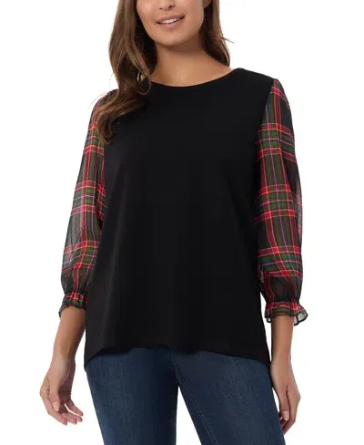 Jones New York Women's Plaid-sleeve Crewneck Top In Jones Black