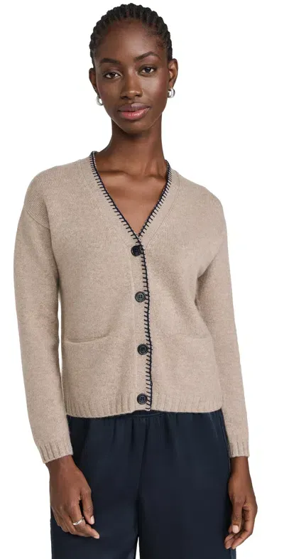 Jumper 1234 Blanket Stitch Cashmere Cardigan Light Brown Navy In Light Brown & Navy