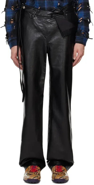 Juntae Kim Black Layered Belt Faux-leather Trousers In 黑色