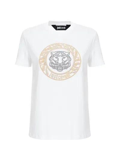 Just Cavalli Tiger Head-motif Studded T-shirt In White